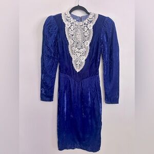 Vintage Rare Gunne Sax Jessica McClintock Blue Velvet Lace Collar Dress Size 3